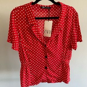 ZARA Red Hearts Print Button Up Blouse
